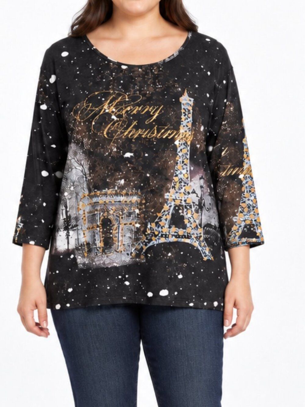 Jane Ashley Merry Christmas Paris Eiffel Tower Graphic Top Size Extra Large